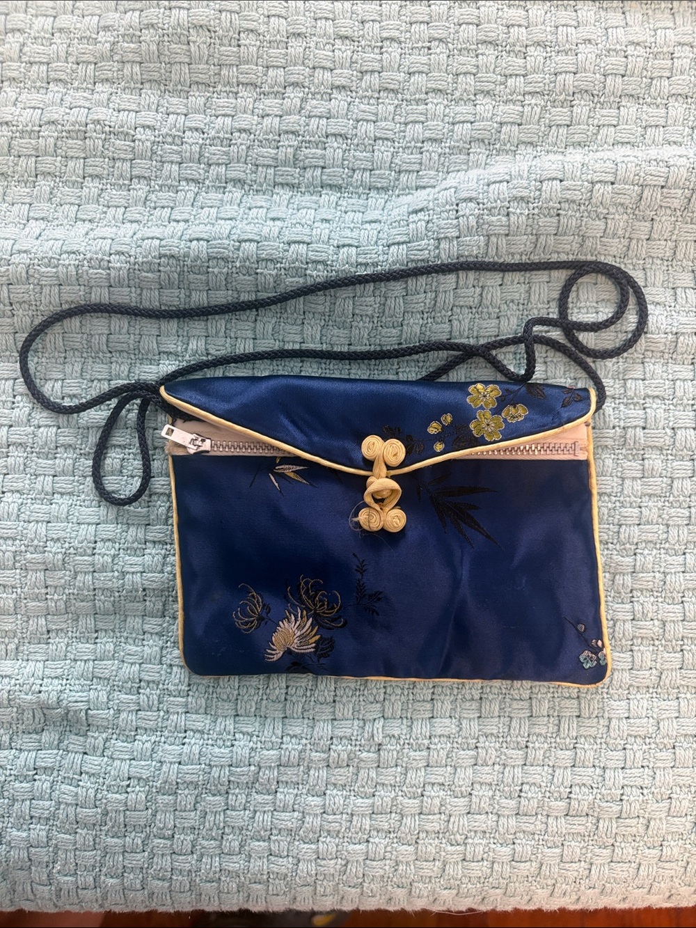 Vintage Navy Blue Embroidered Silk Crossbody Bag